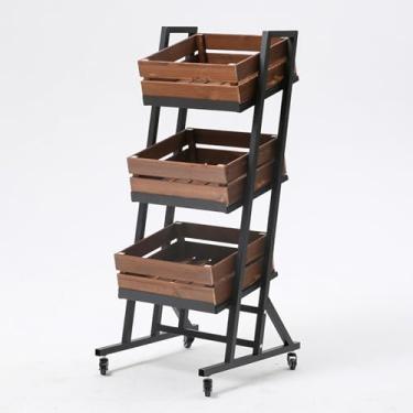 Imagem de Prateleira organizadora de lanche de supermercado de 3 níveis, cesta removível de armazenamento de frutas e vegetais com rodas, suporte de exibição de loja de varejo para despensa de cozinha (marrom)