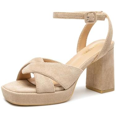 Imagem de KHPAERMEI Salto plataforma grosso para mulheres, sandálias de salto de 8,54 cm, confortável, camurça, bico aberto, tira no tornozelo, vestido de salto alto, formatura, casamento, Nude., 35