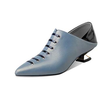 Imagem de TinaCus Sapato feminino feito à mão em couro legítimo, salto baixo grosso, bico fino, zíper lateral, cores sortidas, A - azul, 35