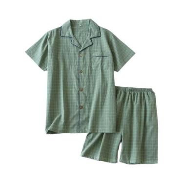 Imagem de Conjunto De Pijama Masculino Durável Em Algodão Xadrez Com Cardigã, Sh