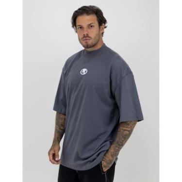 Imagem de Camiseta Oversized Gola Alta Borracha Círculo White Streetwear Confortavel Masculina Cinza-Masculino