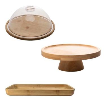 Imagem de Kit Ecológico Queijeira Boleira Bandeja Bambu Chá Da Tarde - Lyor