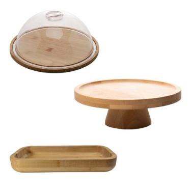 Imagem de Queijeira Bandeja 24cm Boleira Cozinha Decorada Bambu Marrom - Lyor