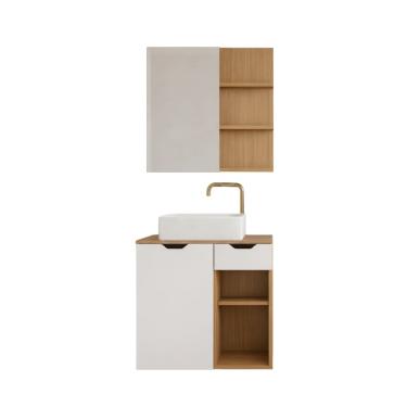 Imagem de Kit Banheiro Prisma 60cm Amêndola e Branco Gabinete Ma e Espelheira Pri com Espelho e Prateleiras