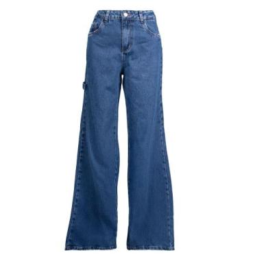 Imagem de Calça Jeans Feminina Sawary Wide Leg Puídos Azul Escuro, Azul escuro, 
