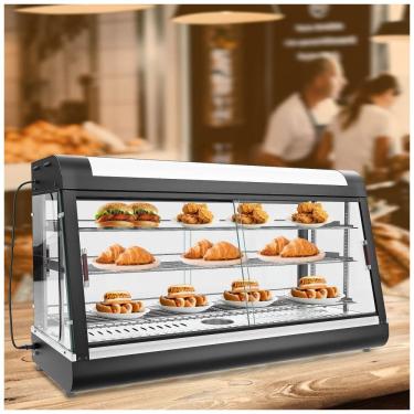 Imagem de Aquecedor de Alimentos 3 Andares Whalefall Preto Aquecimento 3D Portas de Vidro Deslizantes 122 cm 2000W para Buffet e Restaurantes