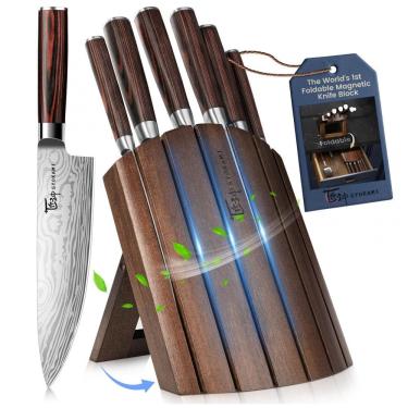 Imagem de Conjunto de Facas em Aço Inoxidável com Bloco de Bancada Dobrável e Cabo em Madeira, 7 Peças, SYOKAMI, Marrom