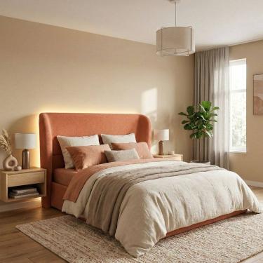 Imagem de Cabeceira Cama Casal Queen Size Livia 160cm Orgânica Curva Bouclê Terracota - Montanari`s Decor