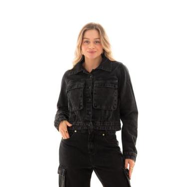 Imagem de Jaqueta Jeans Feminina Arauto Bag Black, Preto marmorizado, GG