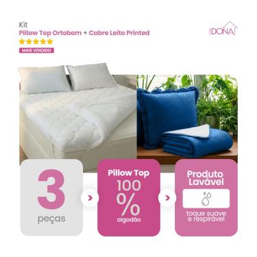 Imagem de Kit Pillow Top Ortobom 200 Fios Percal 100% Algodão Hipoalérgico Mais Cobre Leito 3 Peç...