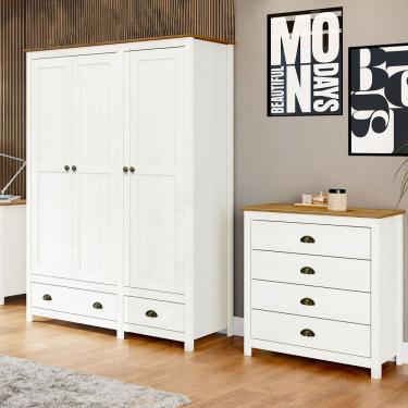 Imagem de Conjunto Quarto Casal 9101-9104BF Guarda Roupa 3 Portas Cômoda 4 Gavetas Madeira Pinus Branco-Freijó