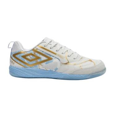 Imagem de Chuteira Umbro 1372623 Futsal Pro 5 Bump Kintsugi, Branco, Azul, Doura