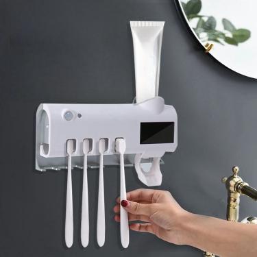 Imagem de Dispenser de Creme Dental com Porta Escovas OEM Estilo a Automático a Vácuo Branco para Banheiro 15cm