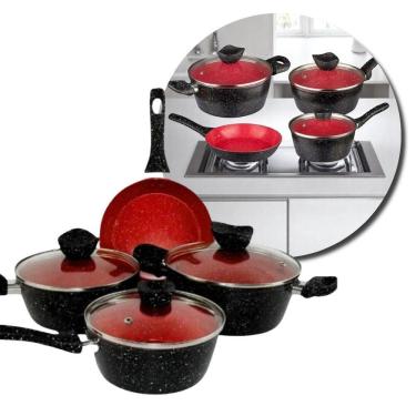 Imagem de Conjunto de Panelas Antiaderente com Tampa de Vidro 04 Peças Caçarola Frigideira Preto Vermelho