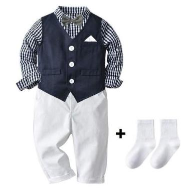 Imagem de Roupa Bebê Social Camisa Xadrez Colete Calça e Meias - Importado, Tam 