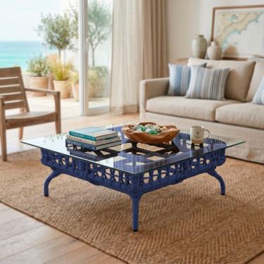 Imagem de Mesa de Centro com Tampo de Vidro em Aço e Corda Náutica Azul Harpia