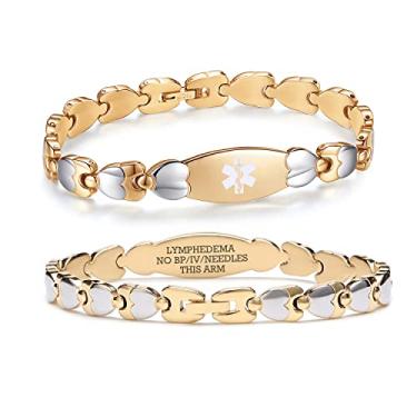 Imagem de Bracelete feminino de identificação médica de coração duplo linnalove com pulseira de aço inoxidável de 19 cm com pré-gravação 7.5 inches