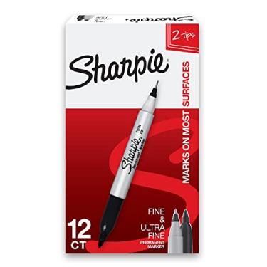 Imagem de Sharpie Marcadores permanentes de ponta dupla, finos e ultrafinos, pretos, 12 unidades