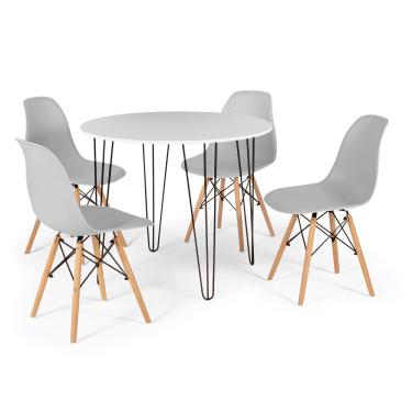 Imagem de Conjunto Mesa de Jantar Redonda Hairpin 90cm Branca com 4 Cadeiras Eames Eiffel - Cinza