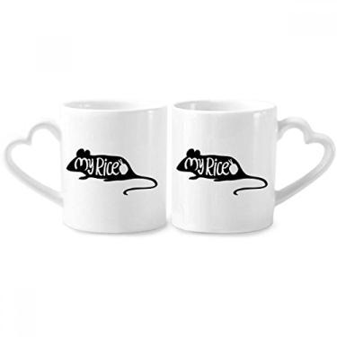 Imagem de Conjunto de canecas de porcelana natural para casais com contorno de animais e desenho de rato preto