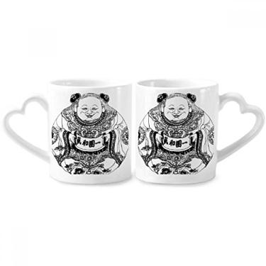 Imagem de Cultura Chinesa Qing Dynasty Line Desenho Casal Caneca Porcelana Conjunto de Cerâmica Amante Copo Coração Alça