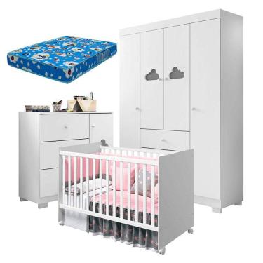 Imagem de Quarto de Bebê Ane com Berço Americano Tico Branco Brilho e Colchão Ortobom - Phoenix Baby