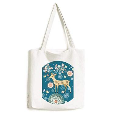 Imagem de Bolsa de lona de lona com estampa de cervo floral azul bolsa de compras bolsa casual