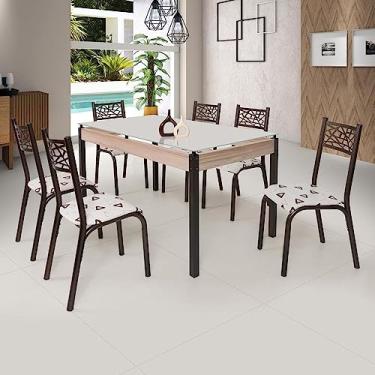 Imagem de Conjunto Sala de Jantar Mesa Jade 140x80cm Tampo Vidro com 6 Cadeiras Ciplafe Bronze/bege Geométrico