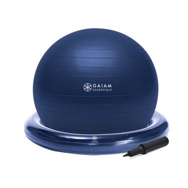 Imagem de Gaiam Kit de base e bola de equilíbrio Essentials, cadeira de bola de ioga de 65 cm, bola de exercício com base de anel inflável para casa ou mesa de escritório, inclui bomba de ar – azul-marinho
