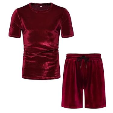 Imagem de KISSQIQI Conjunto de 2 peças de agasalho masculino de veludo casual de manga curta e camisa de veludo dos anos 80 e 90, Vermelho, G