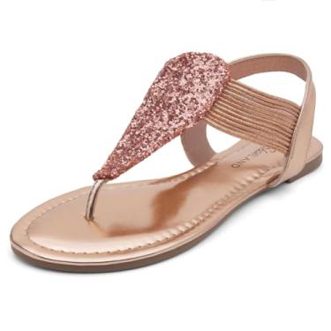 Imagem de Shoe Land Sandália feminina SL-Mona aberta de dedo do pé elástico com tiras tiras rasas sandálias no tornozelo gladiador sapatos de verão, 2301 ouro rosa, 11