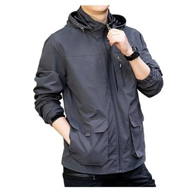 Imagem de Jaqueta masculina com capuz ajustável, vários bolsos, cor sólida, casual, corta-vento durável, Cinza escuro, GG