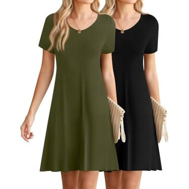 Imagem de Riyiper Pacote com 2 vestidos femininos casuais, vestidos de manga curta, vestidos com decote em V, vestidos rodados, vestidos de praia de verão, Preto. Verde (Army Green), P