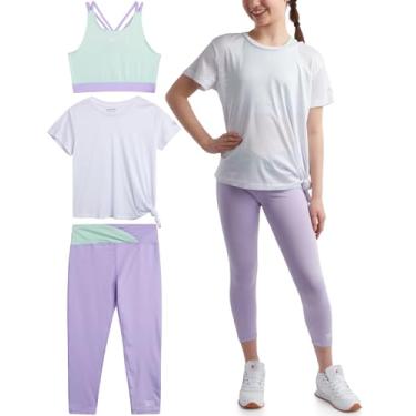 Imagem de Reebok Conjunto de leggings esportivas para meninas – Camisa de malha de 3 peças, leggings capri e sutiã esportivo cropped – Conjunto esportivo (7-12), Lavanda, 8