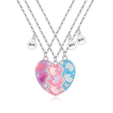 Imagem de Saalort Colares Best Friend para 3, pingente de lantejoulas com costura magnética em forma de coração Amizade BFF 3 peças/conjunto de joias para mulheres, Zinco, Zircônia cúbica