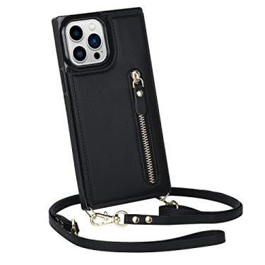Imagem de Carteira com zíper para iPhone 14 Pro Max capa transversal com suporte para cartão de crédito, cordão feminino de 16,7 cm, suporte flip de couro com proteção RFID (preto, IP 14 Pro Max)