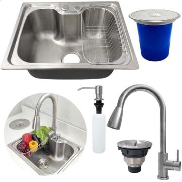 Imagem de Dona D Cor, Kit Cozinha Cuba Gourmet Inox 304 50x40 Torneira Alta Monocomando Lixeira De Embutir 5L Porta Detergente 500ml Valvula E Sifão Kit Completo 6 Peças