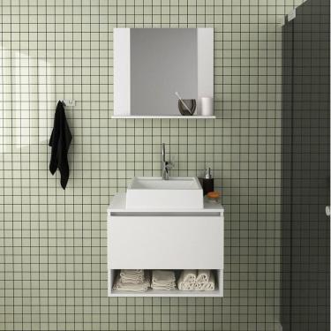 Imagem de Conjunto de Banheiro com Gabinete Porta Basculante 60cm e Espelheira 1 Prateleira Branco