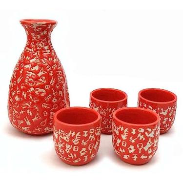 Imagem de JapanBargain, Conjunto de saquê de porcelana, garrafa de saquê e copos de saquê, seguro para micro-ondas, 270 ml (caligrafia vermelha)
