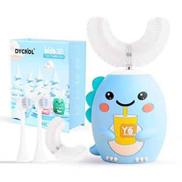Imagem de DYCROL Escova de dentes elétrica infantil em forma de U com 4 cabeças de escova, escova de dentes sônica infantil com 5 modos, desenho animado dinossauro limpeza 360 graus IPX7 design à prova d'água