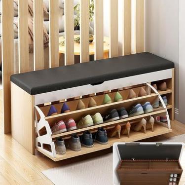 Imagem de Rack de banco de sapatos para entrada, banco de armazenamento, entrada industrial com armazenamento, espaço flip top e almofada acolchoada, corredor organizador de madeira de 3 camadas, sala