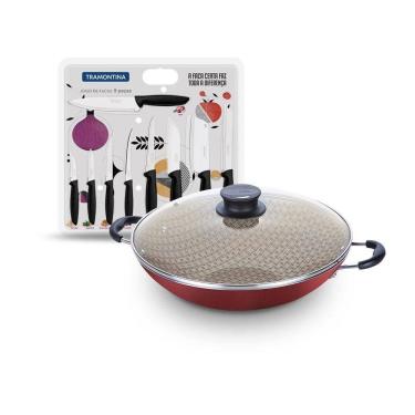 Imagem de Kit - Panela Wok 6l Alumínio 36 Cm Paris Vermelho + 1 Conjunto Facas 9pç - Tramontina