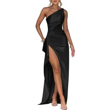Imagem de Memoriesea Vestido longo feminino plus size de cetim sexy de um ombro só, divisão alta, coquetel, festa de casamento, Preto, GG