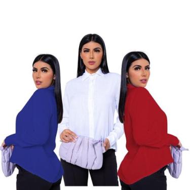 Imagem de Kit 3 Camisa Feminina Social Manga Longa Simples Estilosa Confortável 