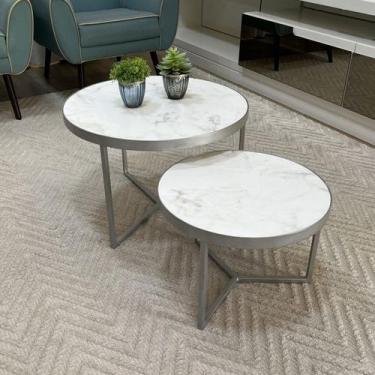 Imagem de Conjunto Mesa de Centro Redonda Dallas Marmorizado Branco - BELI HOUSE