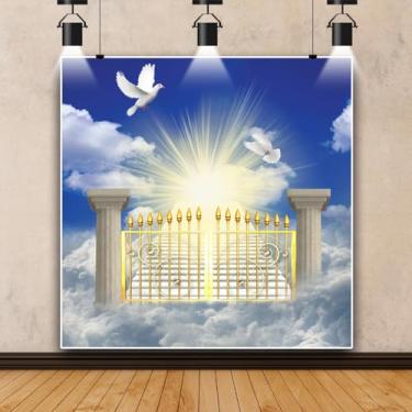 Imagem de DORCEV 3 x 3 metros, cenário de fundo celeste, portão do paraíso, fotografia para crianças, chá de bebê, faixa de batismo, escadas para o céu, céu azul, nuvens brancas, pássaro da paz, igreja,