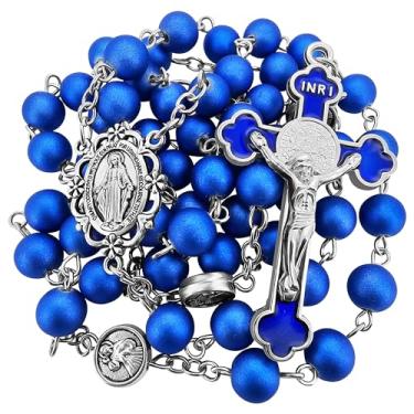 Imagem de TALISMAN4U Rosário azul real, colar católico para homens e mulheres, crucifixo de cruz de São Bento, Virgem Maria, medalha milagrosa, presente religioso, caixa de rosário e cartão de oração, Acrílico,