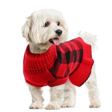 Imagem de Vestido de suéter para cachorro, pulôver de gola rolê, casaco quente para cães de outono e inverno, estampa xadrez clássico, roupas de tricô para cães pequenos, médios e femininos, orifício para coleira de animais de estimação (rosa, vermelho)