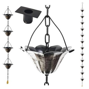 Imagem de LEPTALINA Correntes de chuva de lótus de prata antiga de 2,5 m para calha de drenagem através de calha e barril de chuva com adaptador de calha de corrente de chuva - ferro banhado resistente à ferrugem e decoração de jardim de corrente grossa