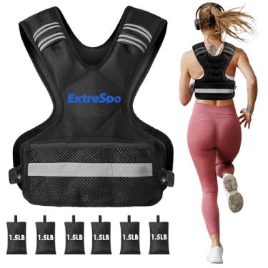 Imagem de ExtreSpo Colete com peso ajustável para mulheres e homens, colete de peso de 5 a 9 kg com 6 pesos de ferro, conjunto de exercícios com faixa refletiva para treinamento de força e treino